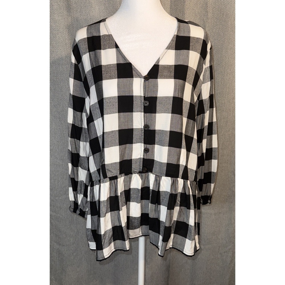 Good Hart Matilda Jane Top Women's Size Large Peplum Black White Check Peasant